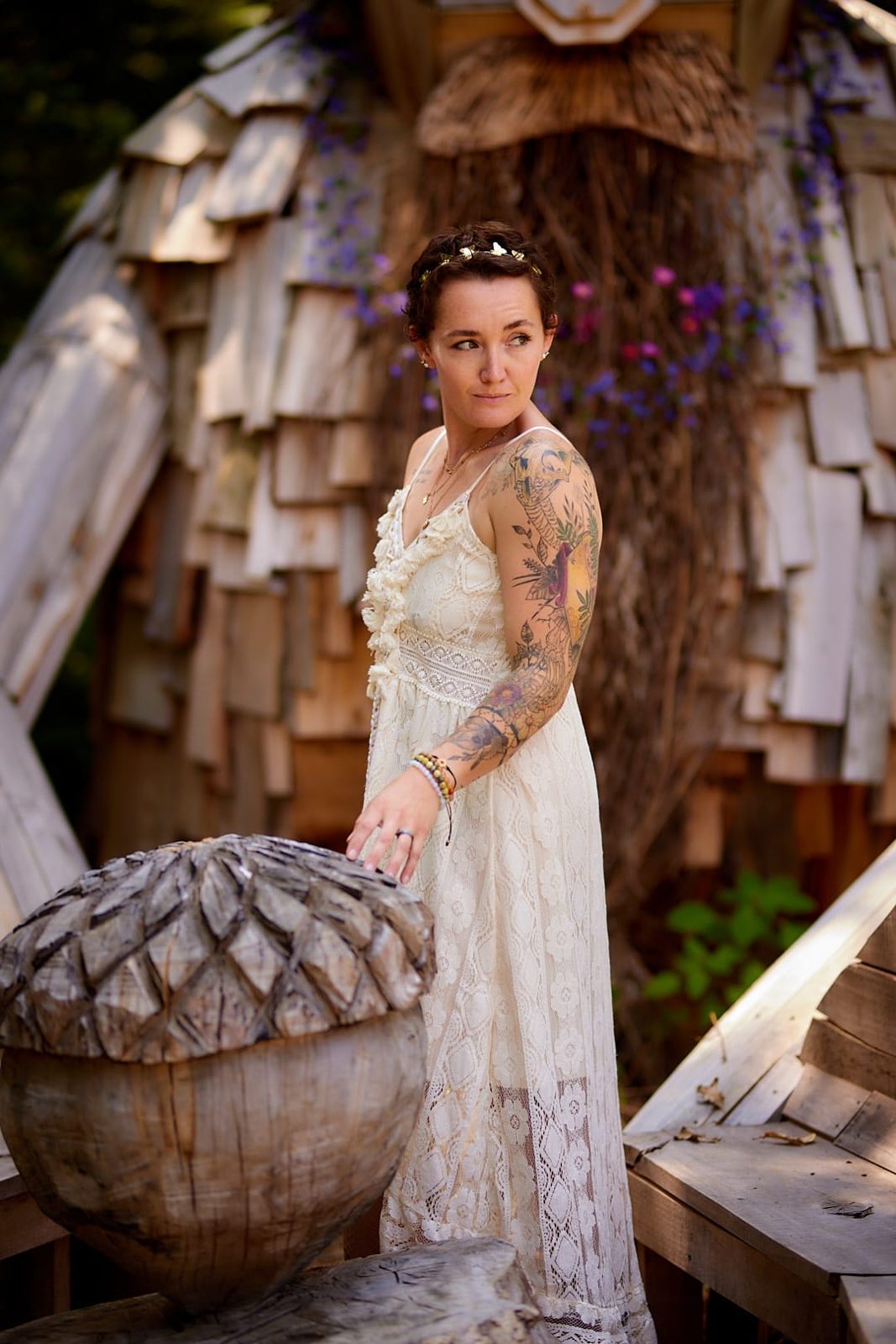Lace gown portrait in a rustic garden setting by Just Because Photography Studio, Mattoon, IL